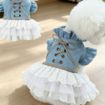 Denim Blue Bell-Sleeve Cake Dress (Two-Piece Set)